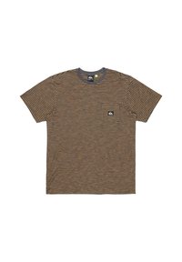 Bruin en grijs gestreept T-shirt met korte mouwen en een ronde hals, voorzien van een linkse borstzak en een klein logo op de zak.