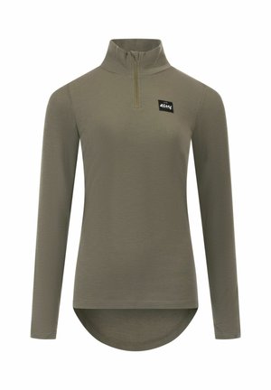 Olivengrüner Pullover mit langen Ärmeln, hohem Kragen, Viertelreißverschluss und abgerundetem Saum, ausgestattet mit einem kleinen schwarzen Logo-Patch auf der Brust.