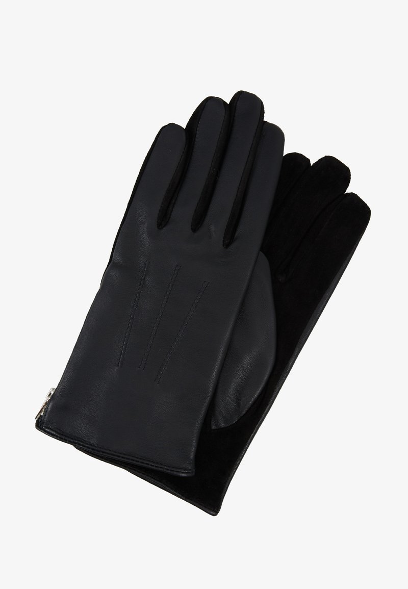 Paire de gants en cuir noir avec des détails cousus sur le dessus et un daim noir lisse en dessous, posés à plat et superposés.