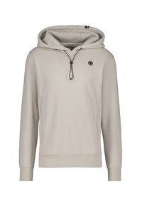 Felpa beige chiaro con cappuccio regolabile, tasca frontale e un piccolo logo circolare. Realizzata in tessuto morbido e liscio con polsini a costine.