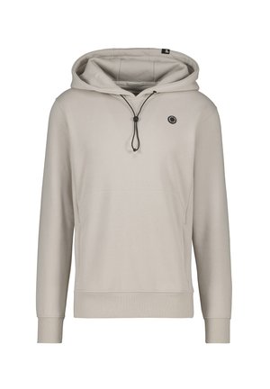 Felpa beige chiaro con cappuccio regolabile, tasca frontale e un piccolo logo circolare. Realizzata in tessuto morbido e liscio con polsini a costine.