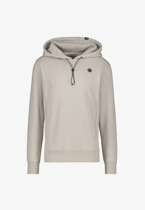 Felpa beige chiaro con cappuccio regolabile, tasca frontale e un piccolo logo circolare. Realizzata in tessuto morbido e liscio con polsini a costine.