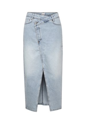 Hellblauer Jeansrock mit einem vorderen Schlitz, ausgestattet mit einem abgerundeten Taillenbund und einem Reißverschluss. Schlichtes Design ohne sichtbare Muster oder Verzierungen.