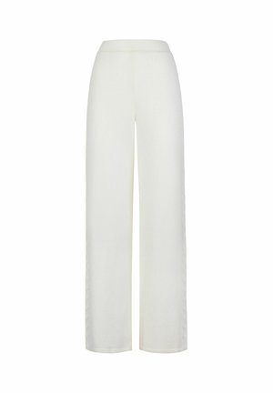 Off-white wide-leg knit pants with a high waist and subtle braided side detailing.