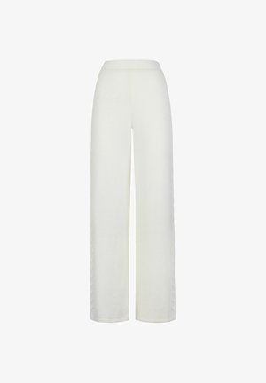 Off-white wide-leg knit pants with a high waist and subtle braided side detailing.