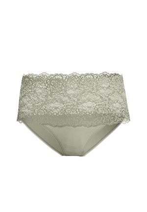 Light green women's panties with wide floral lace waistband and smooth fabric bottom, displayed on white background.
