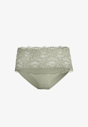 Light green women's panties with wide floral lace waistband and smooth fabric bottom, displayed on white background.