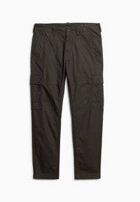 Pantalons cargo marron foncé en tissu résistant. Comprend plusieurs poches, un design à jambe droite et des détails de couture visibles.