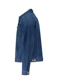 Denimjacka i mörkblått, med klassisk krage, långa ärmar, framfickor och silverfärgade knappar vid ärmsluten och fåll.