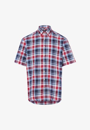 Korte mouwen blouse met knopen in een rood, blauw en wit geruit patroon en een enkele borstzak.