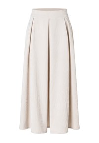 Beige ribbed midi skirt with a high waistband, featuring pleats and a soft texture, designed for a relaxed fit.
