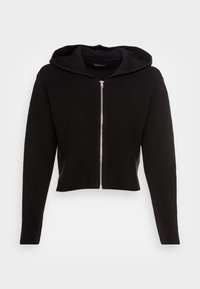 Sweat à capuche noir court en tissu côtelé, comprenant des manches longues, une fermeture éclair frontale et une capuche avec cordon de serrage. Design uni sans motifs.