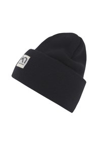 Svart virkad mössa med vikbar kant. Har en rektangulär etikett med logotyp på framsidan. Mjuk textur och strömlinjeformad design.