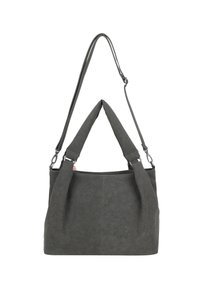 Borsa a spalla in tessuto grigio con doppi manici, texture morbida, forma rettangolare e dettagli delle cuciture sottili. Adatta per l'uso quotidiano.