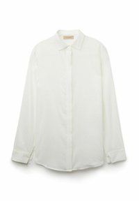 Camicia bianca a maniche lunghe realizzata in tessuto leggero, con colletto classico, chiusura con bottoni e orlo curvo. Design semplice e pulito.