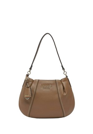 Borsa a tracolla in pelle marrone con forma curva, pannelli cuciti, una sola tracolla e logo metallico Liu Jo Milano sul davanti.