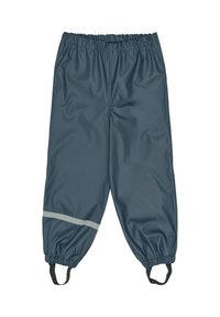 Vízálló sötétkék nadrág rugalmas derékpánttal, testhezálló mandzsettákkal és láthatóságot biztosító, fényvisszaverő szürke csíkkal a bokánál.