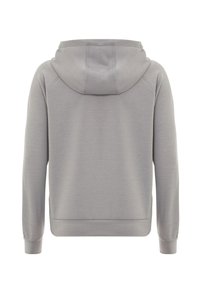 Grauer Kapuzenpullover mit einer glatten Textur, einer Kordelzugkapuze, langen Ärmeln sowie gerippten Bündchen und Saum, in einem schlichten, ungeschmückten Design.