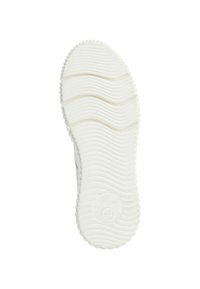 Semelle de chaussure en caoutchouc blanc avec un motif ondulé texturé et un détail de marque circulaire, présentant des bords nervurés pour une meilleure adhérence.
