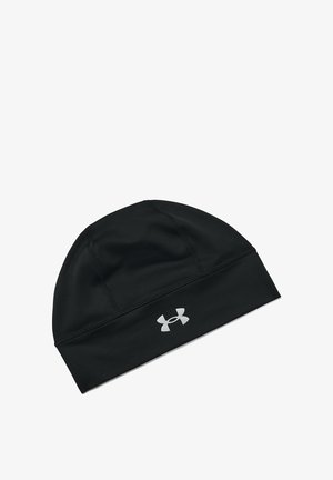 Black athletic cap made of stretchy fabric, featuring a flat seam design and a silver Under Armour logo on the front.