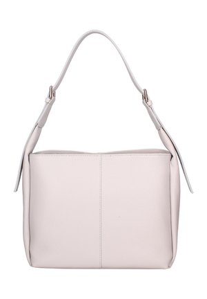 Cream leather handbag with a single adjustable strap and silver buckle details, featuring a simple, rectangular shape and textured surface.