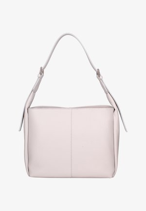 Sac à main en cuir crème avec une sangle ajustable unique et des détails de boucle argentés, présentant une forme simple et rectangulaire ainsi qu'une surface texturée.