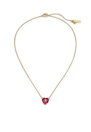 Collier en chaîne dorée avec un pendentif en forme de cœur orné d'une pierre précieuse rose au centre, entouré d'accents noirs. Longueur réglable.