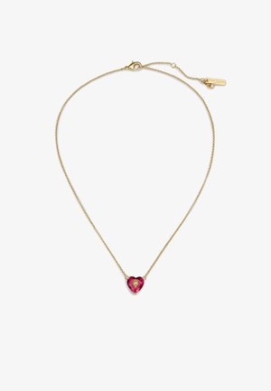 Collana con catena dorata e ciondolo a forma di cuore con una pietra preziosa rosa al centro, circondata da dettagli neri. Lunghezza regolabile.