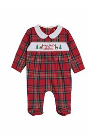 Salopetă pentru bebeluși în carouri roșii, cu mâneci lungi, guler alb și broderie cu textul "prima mea Crăciun", prezentând cerbi și brazi de Crăciun.