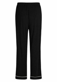 Svarta pyjamasbyxor i mjukt tyg med elastisk midja och vit accent-piping vid fållen, i en löst sittande, rak ben-design.
