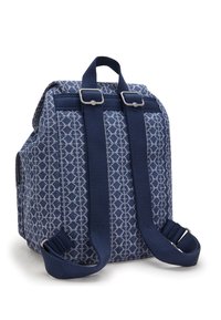 Navy blue fabric backpack with a geometric pattern, double carry straps and metal hardware accents. Zippered side pocket. Compact shape.