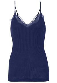 Mörkblå ribbad linne med spetsdetaljer längs V-halsen och tunna justerbara axelband.