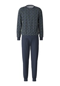 Marineblauw loungewear set met een gestreepte sweatshirt met kleine groene en gele ontwerpen, en bijpassende tapered sweatpants.