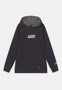 Marinblå hoodie med grå foder, framficka och vit text "Petrol Custom Charged" på bröstet och ärmdekoren.