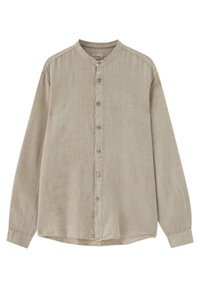 Chemise beige à manches longues avec col mandarin, en tissu léger texturé.