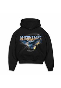 Felpa nera con cappuccio che presenta una grafica di un'aquila con vivaci accenti blu e arancioni, e il testo "MJGONZALES" ben in evidenza.