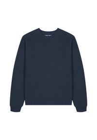 Felpa blu navy realizzata in morbido cotone, con scollatura a girocollo, maniche lunghe e polsini e orlo a costine. Nessun motivo o decorazione visibile.