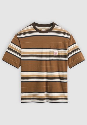 Short-sleeve brown striped t-shirt featuring horizontal stripes in cream, navy, and olive with a chest pocket and a round neckline.