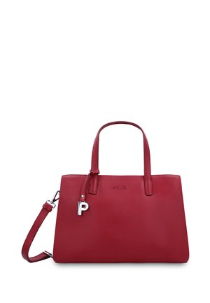 Red leather handbag with double handles, detachable shoulder strap, and silver "P" charm on front.