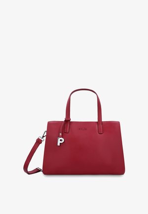 Red leather handbag with double handles, detachable shoulder strap, and silver "P" charm on front.