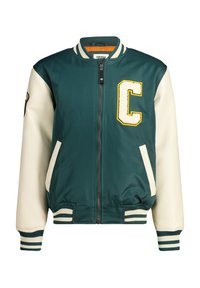 Varsity jacket featuring a teal body with cream sleeves, ribbed cuffs, and an embroidered yellow "C" on the chest. Zippered front closure.
