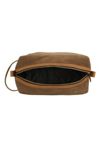 Brown canvas toiletry bag with a rectangular shape, zipper closure, tan leather accents, and a black interior lining. Loop handle attached.