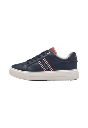 Navy leather sneakers with white sole, featuring red and white stripes, round toe, lacing system, and gold logo accents on the side.