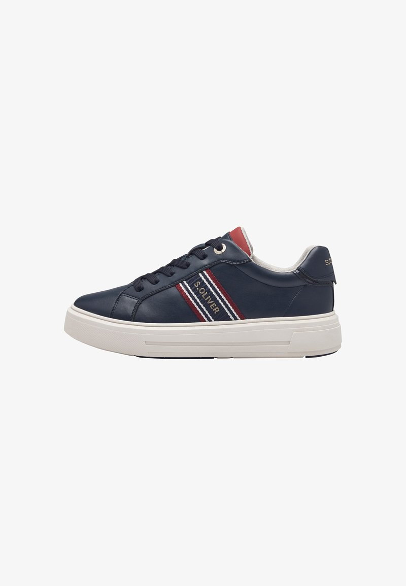 Navy leather sneakers with white sole, featuring red and white stripes, round toe, lacing system, and gold logo accents on the side.