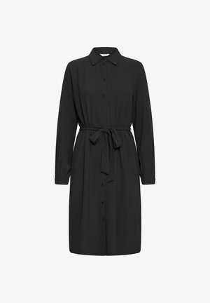 Črna srajčna obleka z dolžinami rokavi in ovratnikom. Ima pas za zavezovanje in teksturirano tkanino. Klasična, ravna krojna zasnova.