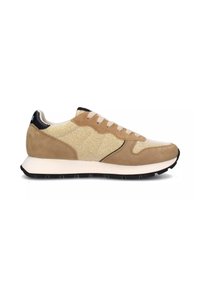Beige and tan sneaker with a combination of suede and textured fabric. Features a white midsole and black outsole, with light laces.
