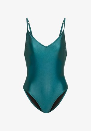 Maillot de bain une pièce couleur sarcelle avec bretelles fines réglables et décolleté en V, doté d'une finition en tissu lisse et brillant.