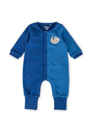 Blaues Baby-Overall mit zwei Blautönen, strukturierten Streifen, Druckknöpfen und einem Faultier-Print auf der Brust. Aus weichem Baumwollmaterial.