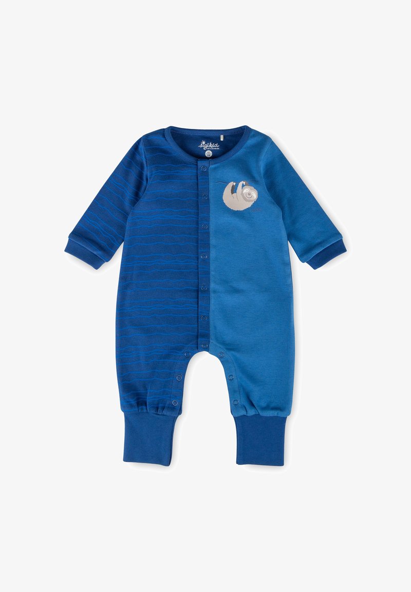 Blaues Baby-Overall mit zwei Blautönen, strukturierten Streifen, Druckknöpfen und einem Faultier-Print auf der Brust. Aus weichem Baumwollmaterial.