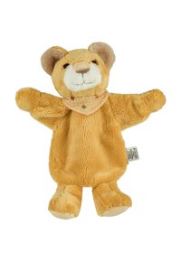 Soft plush lion toy with a golden-brown body, light ears, and a stitched nose, wearing a beige bandana with dots. Arms extended.